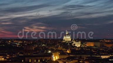 日落黄昏阿尔塔德拉帕特里亚屋顶观景点梵蒂冈罗西利卡全景4k时间流逝意大利